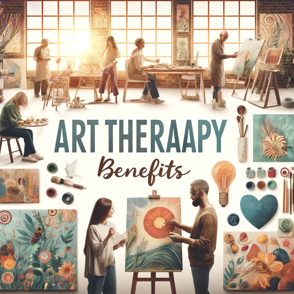 Art therapy benefits with diverse individuals creating art.