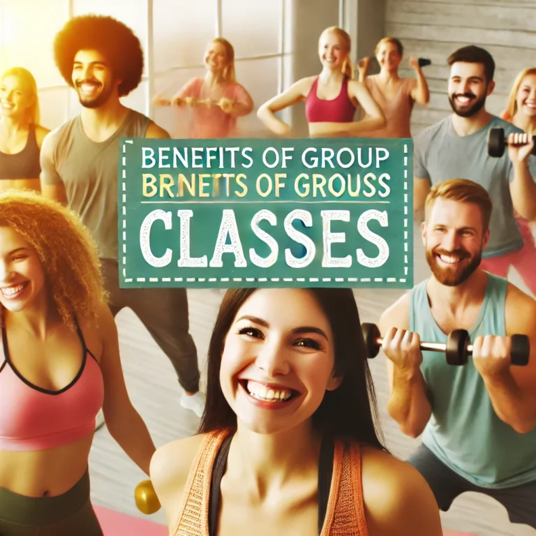 Benefits of group fitness classes with happy participants.