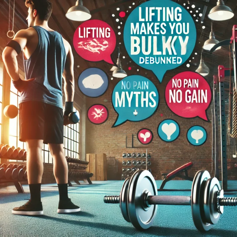 Fitness myths debunked in a gym setting with equipment nearby.