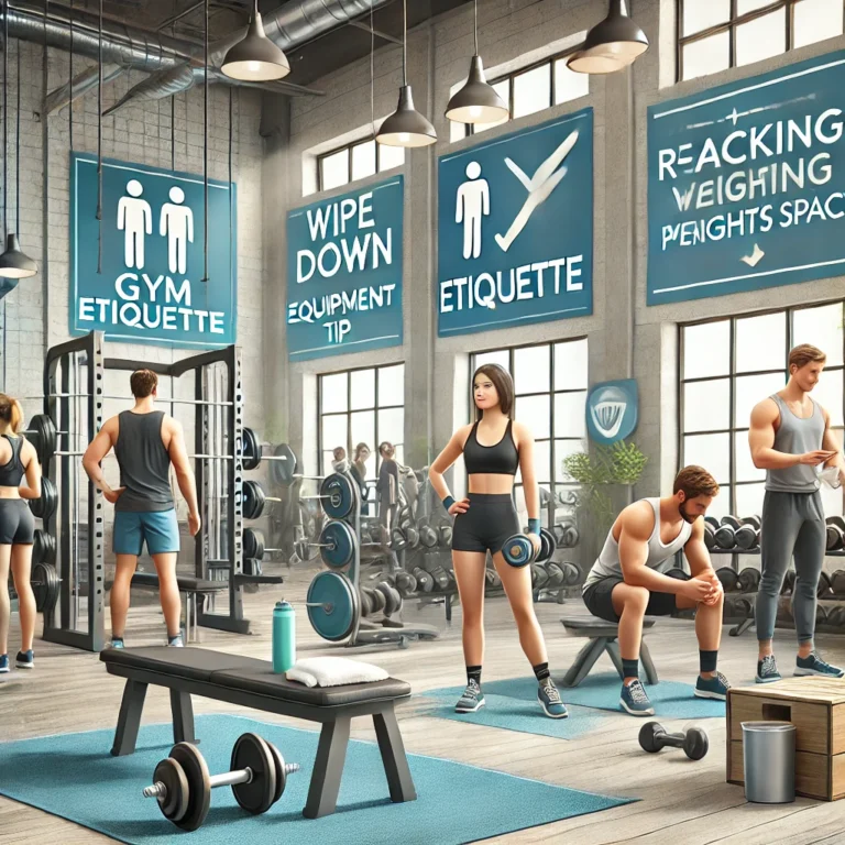 Gym etiquette tips in a modern gym setting with clean spaces.