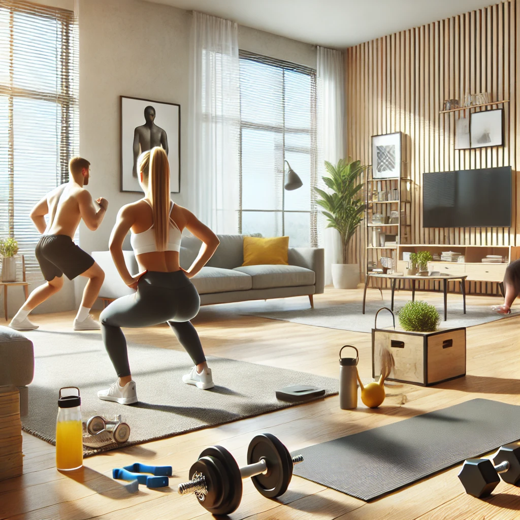 Person doing home workout exercises with minimal equipment in a bright living room for home workout plans.