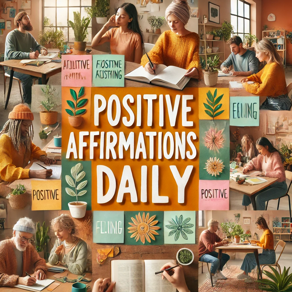 Positive affirmations daily with diverse individuals in a bright setting.