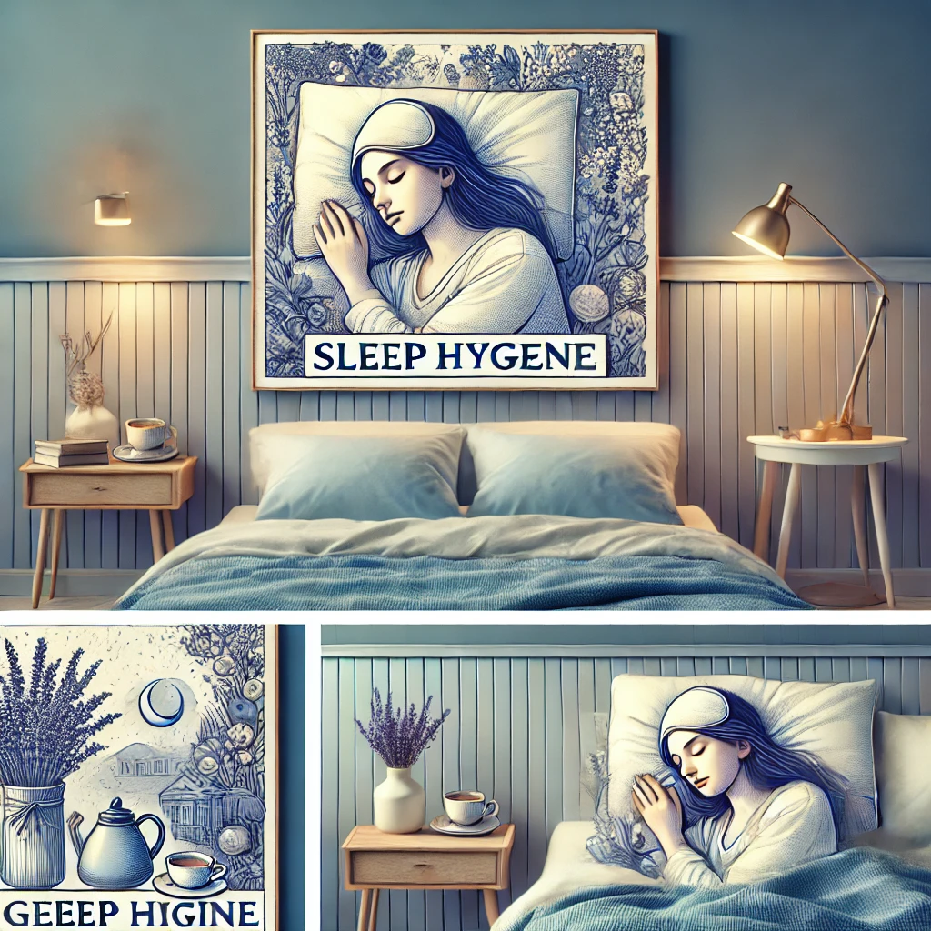 Sleep hygiene practices with a peaceful bedroom setting and relaxation elements.