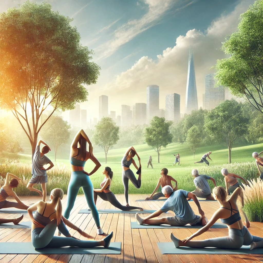 People of various fitness levels performing stretching routines for flexibility in an outdoor park setting.