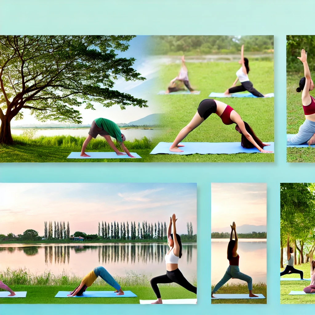 People practicing yoga for physical health in a peaceful outdoor setting.