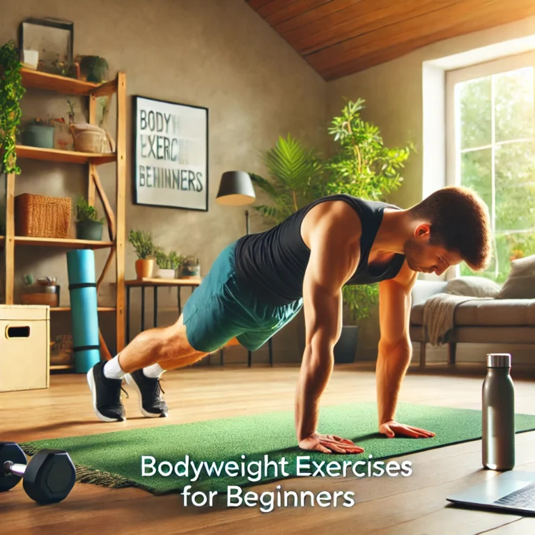 Bodyweight exercises for beginners in a home workout setup.