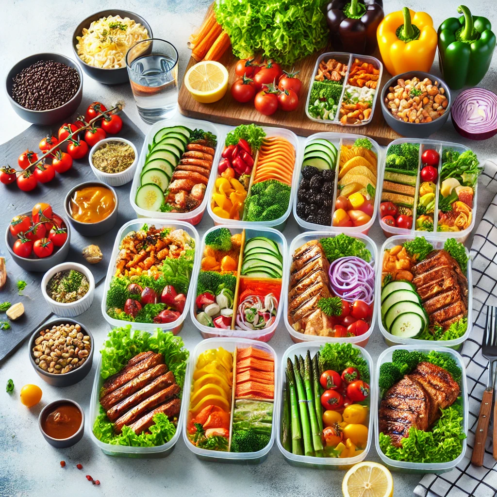 Colorful and organized healthy meal prep ideas with salads, lean proteins, and vegetables.