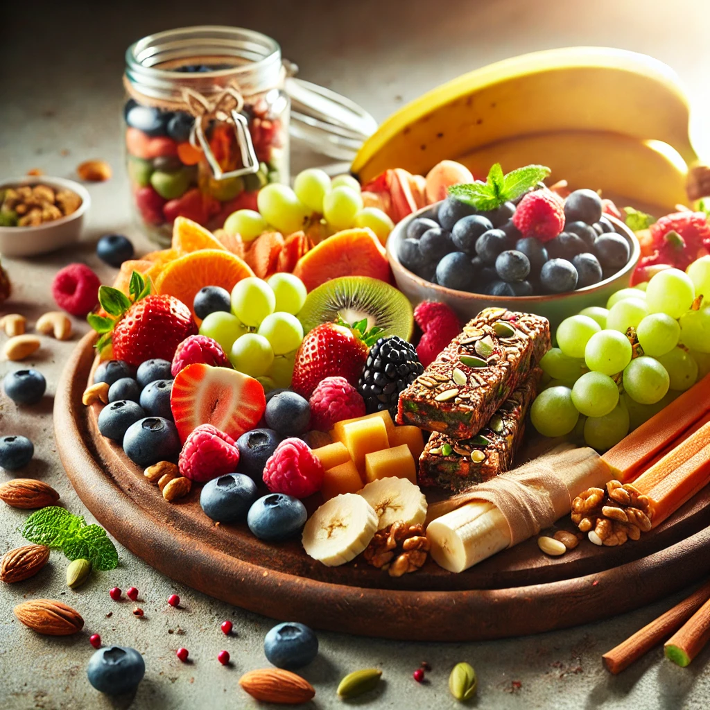 Colorful healthy snacks for energy including fruits, nuts, and veggies.