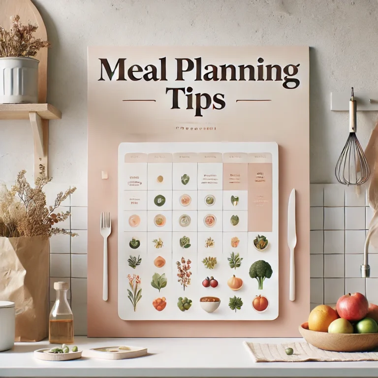 Meal planning tips with a cozy kitchen setup.